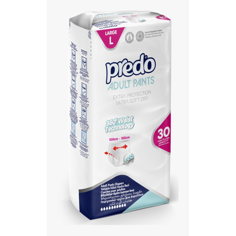 Scutece adulti, tip Chilot, Marca Predo, marimea L-Large, talie 100-150 cm 30bucati/pachet Scutece adulti, tip Chilot, Marca Predo, marimea L-Large, talie 100-150 cm 30bucati/pachet