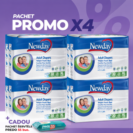 Pachet Promo X4 Scutece Adulți Newday  Extra Large + Șervețele Umede Cadou  