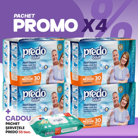 Pachet Promo Scutec pentru adulți Predo cu velcro 30 buc/set Marimea M 85x125 cm- 4 set, 8 picaturi + CADOU Pachet servetele umede PREDO