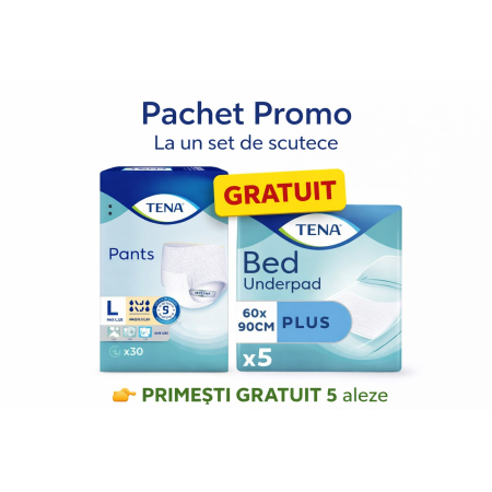Pachet Promo TENA – Scutece tip chilot 30 buc + 5 aleze GRATUIT