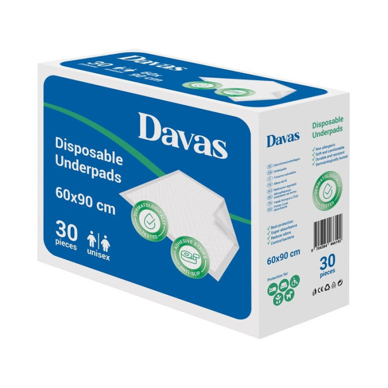 Protectii pat (aleze) Davas, 60x90 cm, 30 buc, gama premium 5 straturi, cu benzi fixare Protectii pat (aleze) Davas, 60x90 cm, 30 buc, gama premium 5 straturi, cu benzi fixare
