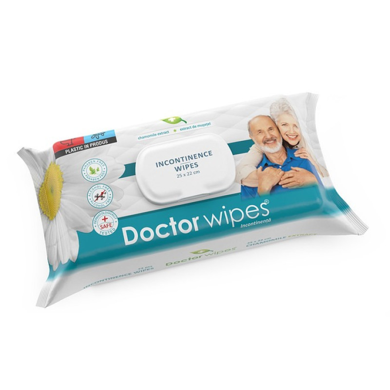 Șervețele umede Doctor Wipes 72 buc cu capac, pentru igienă delicată și efect calmant cu mușețel
