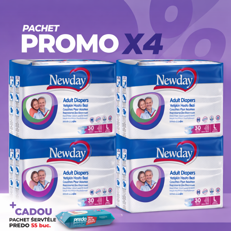 Pachet X4 scutece adulti Newday Large cu servetele umede cadou
